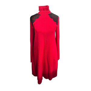 Red Long-Sleeve Knit Dress With Lace Shoulder Detail & Turtleneck  Medium